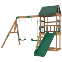 AIYAPLAY Torre de juego estructura de escalada de madera armazón con tobogán 2 columpios pared de escalada para 3-8 años 315x284x233 cm Verde(m-7)