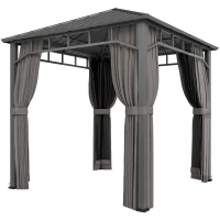 Outsunny 2.5 x 2.5 m Hardtop Gazebo with Galvanised Steel Roof, Waterproof Permanent Pavilion Garden Gazebo with Netting and Curtains for Patio, Deck, Dark Grey(m-11)