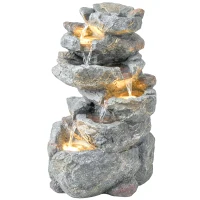 Outsunny Fuente exterior con diseño rocoso de 6 niveles, cascada de agua con luces LED, caudal regulable, gris(m-8)