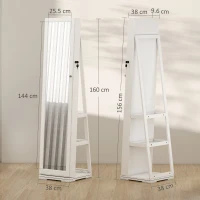 HOMCOM 360° Swivel Jewellery Cabinet, Free Standing Full Length Mirror with Storage, Lockable Jewellery Organiser with Built-in Makeup Mirror and Storage Shelves for Bedroom, White(m-3)