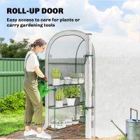 Outsunny Walk-in Greenhouse with Shelves, Small Greenhouse with PE Cover and Roll-up Door, 123 x 187 x 189 cm, White(m-6)
