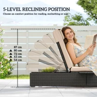 Outsunny Rattan Sun Lounger with 5-Level Reclining Back Side Tray and Cushion, Black(m-4)