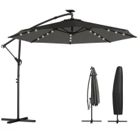 Outsunny Vrijhangende parasol LED Solar ca. Ø300 cm draaibaar parasol met slinger, standaard, beschermhoes Donkergrijs(m-10)