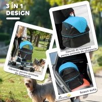 PawHut Cărucior pentru Câini Pliabil și Convertibil în Geantă de Transport cu 2 Lese și Pernă, 82x49.5x98 cm, Albastru(m-5)