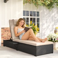 Outsunny Rattan Sun Lounger with 5-Level Reclining Back Side Tray and Cushion, Black(m-2)