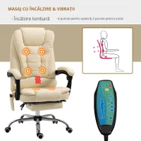 Vinsetto Fotoliu pentru Masaj Pivotant si Ergonomic cu Inaltime Reglabila cu 6 Puncte de Vibratie, 65x160x104 cm, Crem(m-7)
