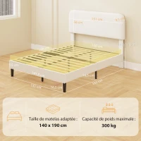 HOMCOM Estrutura de Cama 140x190 cm com Estrado Cabeceira Ajustável Cama de Casal Estofada em Veludo Teddy Ripas em Metal Branco(m-3)