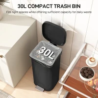 HOMCOM 30L Kitchen Bin, Compact Pedal Bin with Soft-Close and Stay-Open Lid, Removable Bucket for Kitchen, Home, Office, Black(m-4)
