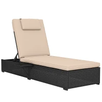 Outsunny Rattan Sun Lounger with 5-Level Reclining Back Side Tray and Cushion, Black(m-1)