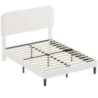 HOMCOM Estrutura de Cama 140x190 cm com Estrado Cabeceira Ajustável Cama de Casal Estofada em Veludo Teddy Ripas em Metal Branco