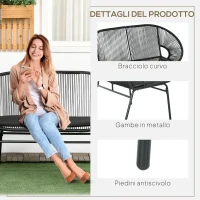 Outsunny Divano da Giardino 2 Posti in Rattan PE e Acciaio con Cuscini e Braccioli, 132x72x83 cm, Nero(m-6)