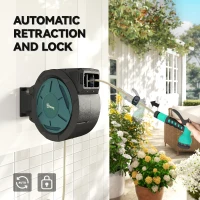 Outsunny Retractable Hose Reel Wall Mounted, 20+2m Garden Hose Pipe Reel with Lock, Auto Rewind, 7 in 1 Spray Nozzle, Includes Wall Fixings, 180° Swivel, Outdoor Watering, 54 x 20 x 39 cm, Black(m-6)
