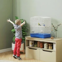 PawHut Jaula para Pájaros Pajarera de Acero con 2 Comederos 2 Perchas Columpio y Bandeja Extraíble Asa 46,5x36x59 cm Azul(m-8)