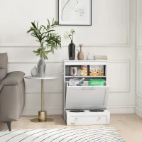 PawHut Pet Feeder Station, Dog, Cat Storage Container, with Raised Bowls, Hanger, Cabinet - White(m-7)