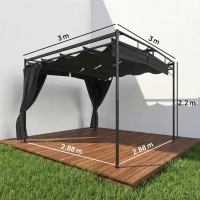 Outsunny Pergolă retractabilă 3 x 3 m cu draperii, adăpost de grădină din metal pentru terasă și patio Gri Închis(m-3)