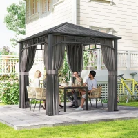 Outsunny 2.5 x 2.5 m Hardtop Gazebo with Galvanised Steel Roof, Waterproof Permanent Pavilion Garden Gazebo with Netting and Curtains for Patio, Deck, Dark Grey(m-9)