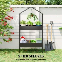 Outsunny 2 Tier Plant Stand, Outdoor Indoor Metal Plant Stand with Hook, House-Shaped Pots Holder Display Rack, Black(m-5)