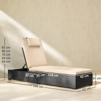 Outsunny Rattan Sun Lounger with 5-Level Reclining Back Side Tray and Cushion, Black(m-3)