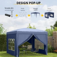 Outsunny Pavilion de Grădină Pliabil din Oțel cu Pereți Laterali, 3x3m, Albastru(m-7)