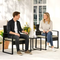 Outsunny Rattan Bistro Set, 3 Piece Garden Furniture Set with Glass Top Table and Cushions, Khaki(m-2)