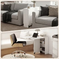 HOMCOM Mesa de Sala de Jantar Dobrável Mesa de Madeira com 2 Prateleiras de Armazenamento e Rodas para Cozinha 75x140x74 cm Branco(m-9)