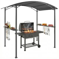 Outsunny Grillpaviljoen 2,4 x 1,5 m vlamvertragend tuinpaviljoen met boogdak zijplanken haken Donkergrijs(m-11)