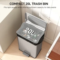 HOMCOM 20L Kitchen Bin with Soft-Close Lid and Stay-Open Function, Stainless Steel Pedal Bin with Removable Inner Bucket for Kitchen, Office, Home, Silver Tone(m-4)