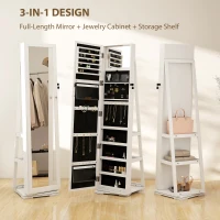 HOMCOM 360° Swivel Jewellery Cabinet, Free Standing Full Length Mirror with Storage, Lockable Jewellery Organiser with Built-in Makeup Mirror and Storage Shelves for Bedroom, White(m-4)