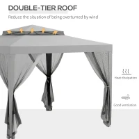 Outsunny 3 x 3 m Gazebo, Netting Party Tent, Patio Canopy Outdoor Event Shelter with Double Tier Roof, Light Grey(m-4)