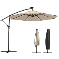 Outsunny Zweefparasol LED op zonne-energie ca. Ø300 cm draaibaar Parasol met slinger, voet en beschermhoes Beige(m-11)