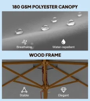 Outsunny 2.5m Wood Garden Parasol Sun Shade Patio Outdoor Wooden Umbrella Canopy, Table Market Umbrella with Vent, 38mm Pole, Rope Pulley Mechanism, Grey(m-5)