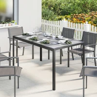 Outsunny Tavolo da Giardino 4-6 Persone con Piano Effetto Legno, in Acciaio e Plastica, 150x80x74 cm, Grigio e Nero(m-7)