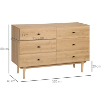 HOMCOM Commode 6 tiroirs meuble de rangement pieds en bois massif 120 x 40 x 80 cm couleur bois(m-3)