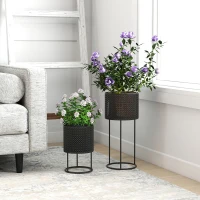 Outsunny Metal Plant Pots Set of 2 with Hollow Design Flower Planters for Garden Balcony Black(m-7)