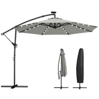 Outsunny Hangparasol LED Solar ca. Ø300 cm draaibaar parasol met slinger, voet en beschermhoes lichtgrijs(m-11)