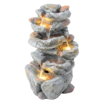 Outsunny Fântână de exterior cu design de rocă în 6 niveluri, cascadă de apă cu lumini LED, debit reglabil, gri(m-8)
