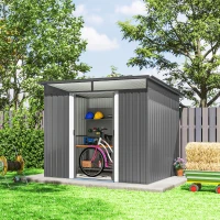 Outsunny 9ft x 6.5ft Garden Storage Shed with Top Window, Metal Outdoor Shed Tool House with Double Doors, Light Grey(m-7)
