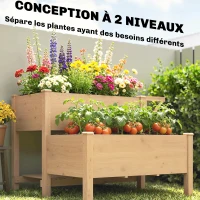 Outsunny Potager sur Pieds à 2 niveaux Jardinières surélevées étagères doublure trous de drainage 119,5x102x76,5cm, marron clair(m-4)