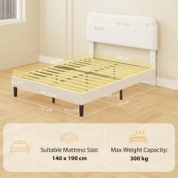 HOMCOM Cadru de pat 140x190cm cu somieră, tăblie reglabilă, pat dublu tapițat în velur Teddy, lamele metalice, alb(m-3)