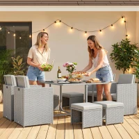Outsunny 9 Piece Rattan Cube Garden Furniture Dining Set with Armchairs, Footstools and Glass-Top Table, Light Grey(m-8)