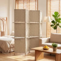 HOMCOM Separador de ambientes 4 paneles 2 estantes plegables natural paja(m-6)