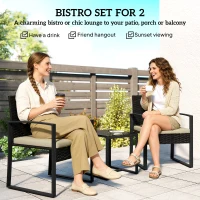 Outsunny Rattan Bistro Set, 3 Piece Garden Furniture Set with Glass Top Table and Cushions, Khaki(m-4)