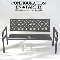 Outsunny Banc d'extérieur en métal, 2 places, avec dossier géométrique antirouille et accoudoirs, gris foncé(m-7)