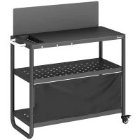 Outsunny Carro de barbacoa exterior, mesa de tres niveles con bandeja de acero, soporte para horno de pizza con ganchos, porta-especias, negro(m-1)