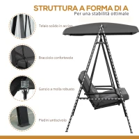 Outsunny Dondolo 2 Posti con Tettuccio Regolabile e Cuscini, in Acciaio e Poliestere, 144x117x173 cm, Grigio(m-6)