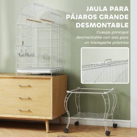 PawHut Jaula para Pájaros con Ruedas y Estante 51x51x153 cm con Parte Superior Abatible Comederos y Bandeja Extraíble Blanco(m-4)
