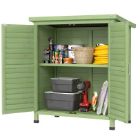 Outsunny Garden Shed Wooden Garden Storage Shed 2 Door Unit Solid Fir Wood Garage Tool Organisation Cabinet, 87L x 46.5W x 96.5Hcm, Green(m-11)