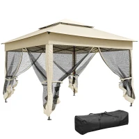 Outsunny Tenda Dobrável de Exterior Tenda de Jardim com Teto Duplo Rede Mosquiteira Amovível 325x325x270 cm Creme(m-10)