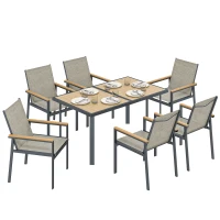 Outsunny Seven-Piece Metal Garden Dining Set, with Glass-Top Table - Khaki(m-10)