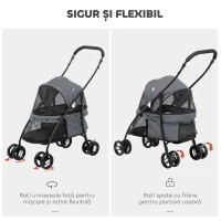 PawHut Cărucior Pliabil pentru Câini cu Acoperiș Reglabil, Geantă și 2 Lese, 82x47x97 cm, Gri(m-5)